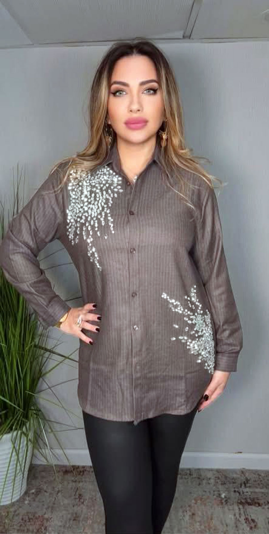 Brown Embellished Shirt - Image 3