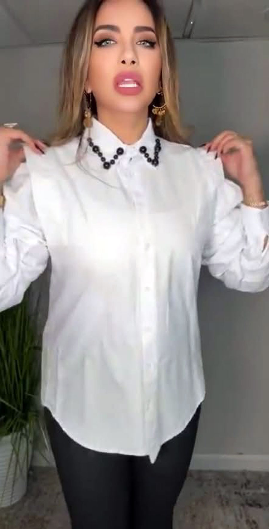 White Pearl-Collar Satin Shirt - Image 4