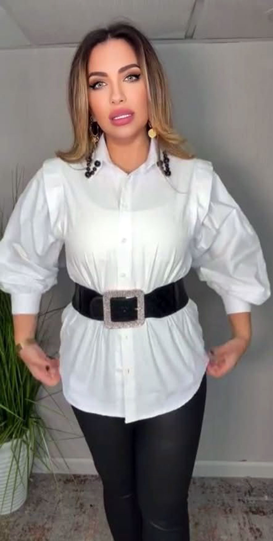 White Pearl-Collar Satin Shirt - Image 2